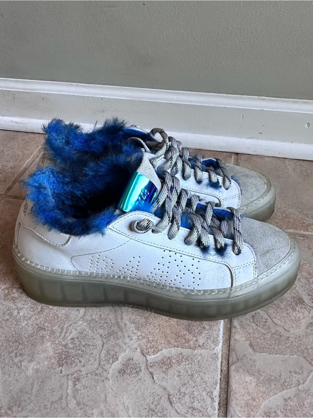 P448 White Platform Sneakers Blue Faux Fur Lined​